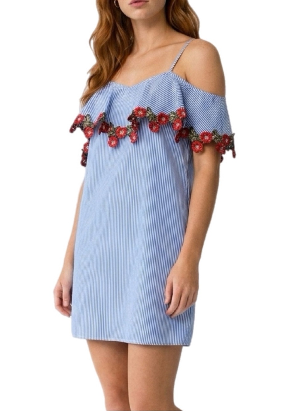 love J | Blue Pinstripe Cold-Shoulder Mini Dress with Red Floral Trim